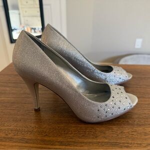 Shimmery Silver Peep-Toe Heels